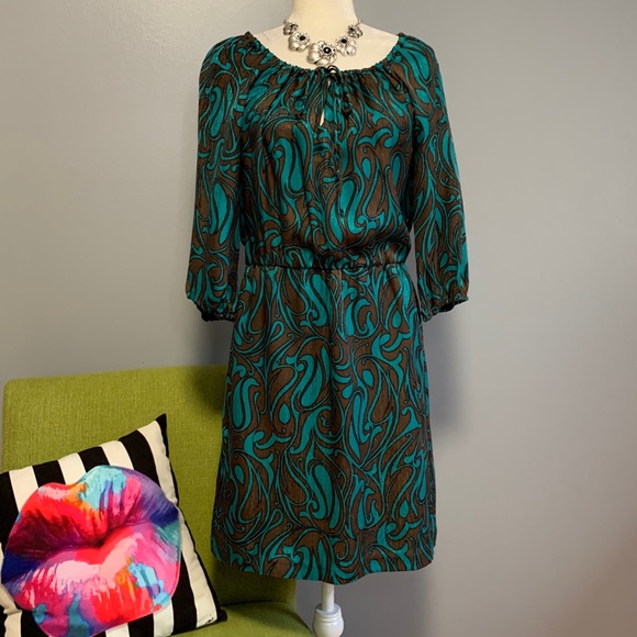 Trina Turk Dresses & Skirts - Trina Turk 100% Silk Teal & Brown Swirl Dress